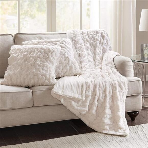 Comfort Spaces Ruched Faux Fur Plush 3 Piece Throw Blanket Set - Picture 1 of 7